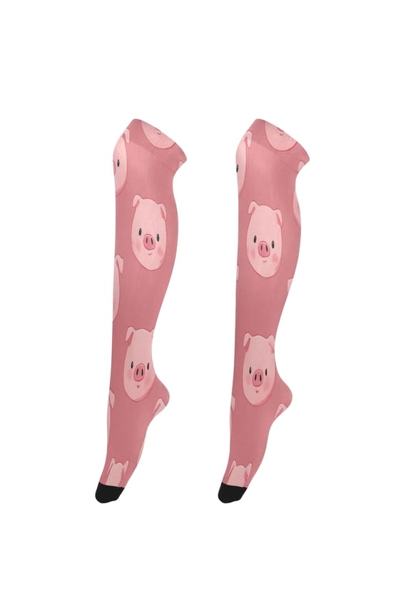 Sexy Stay Up Thigh High Stockings for Women - Simple Pink Pig Print Silky Smooth Sheer Nylon with Non-Slip Band