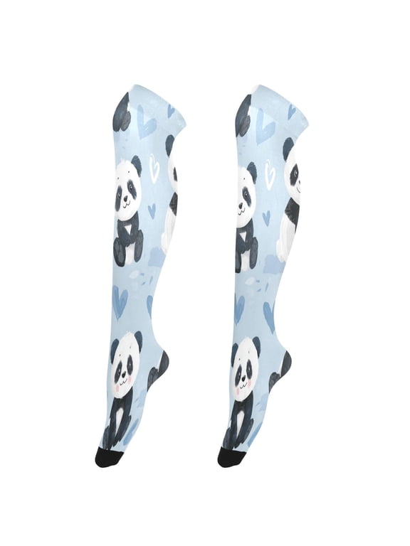 Sexy Stay Up Thigh High Stockings for Women - Soft Blue Panda Print Silky Smooth Sheer Nylon with Non-Slip Band