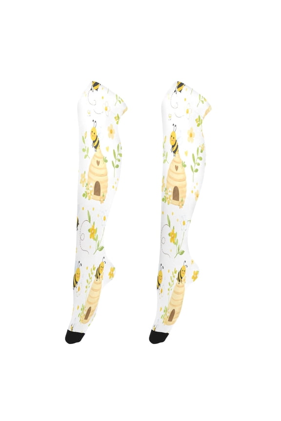 Sexy Stay Up Thigh High Stockings for Women - Sweet Honey Bee Pattern Silky Smooth Sheer Nylon with Non-Slip Band