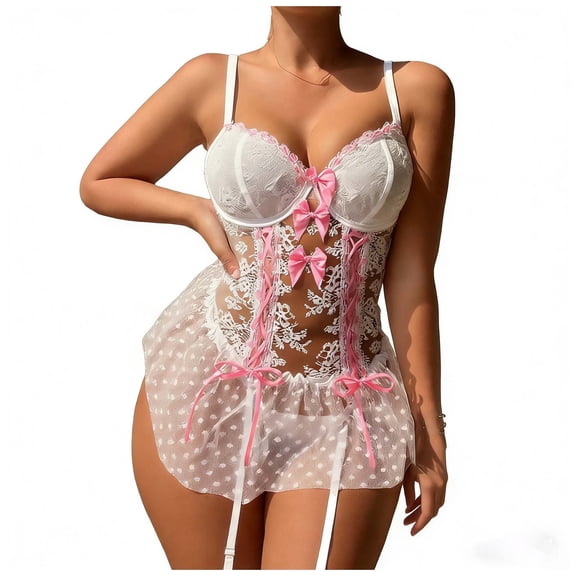 Sexy Stocking Corset Babydoll Mesh Sheer Lace Up Ruffle Underwire Garter Lingerie with Thong Set 3 Piece