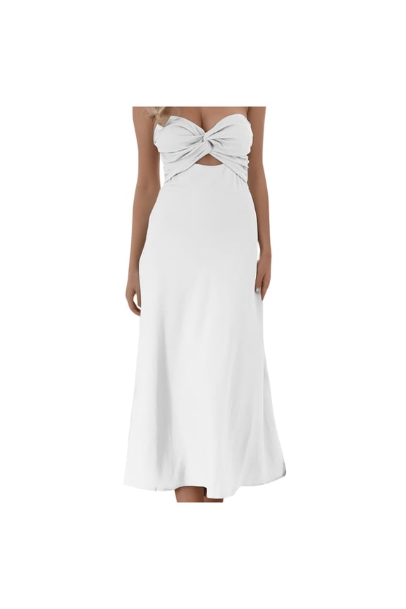Sexy Strapless Sweetheart Neckline Midi Dress Smocked Cutout Linen Wedding Guest Dress - Polyester, Knot Detail, S-XL Sizes for Party/Formal
