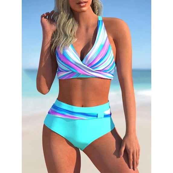 Sexy Stripe Bikini Women Cross Front Gradient Printed Swimsuit Triangle Swimwear Female Padded Bathing Suit High Waist Beachwear