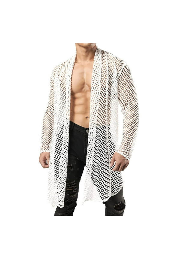 Sexy Style Male Sex Sexy Hollowed Out Long Cardigan Mesh Street Breathable Long Sleeve Men