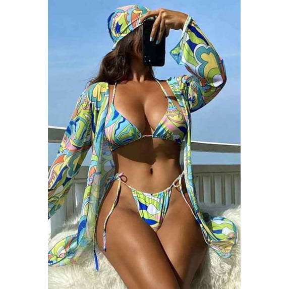 Sexy Summer Printed Bikini Cover Up Four Piece Set (L, MultiGreen)