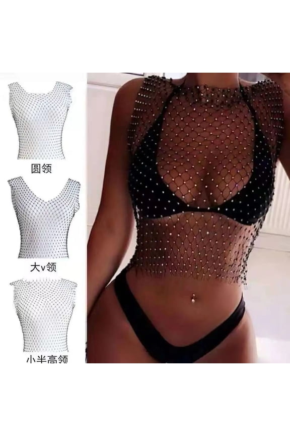 Sexy T Shirt Shiny Rhinestone Fishnet Women Tank Tops Y2K Mesh See Through Crop Top Summer Beach Cover Up Tee Party Nightclub Unisex Men Clothing Fashionable Sparkle Hollow Out Vest Elegant Piece