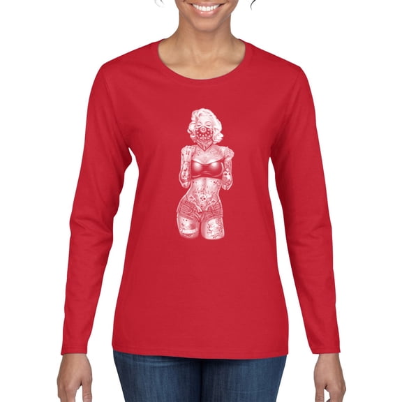Sexy Tattooed Marilyn Monroe Pop Culture Womens Graphic Long Sleeve T-Shirt, Red, Medium