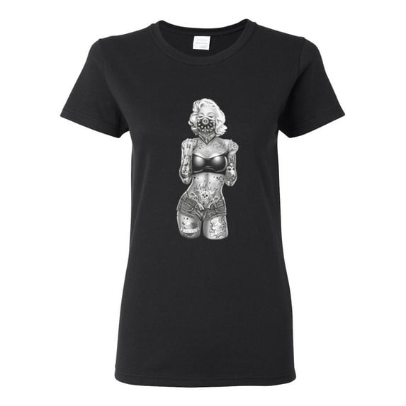 Sexy Tattooed Marilyn Monroe Pop Culture Womens Graphic T-Shirt, Black, 2XL