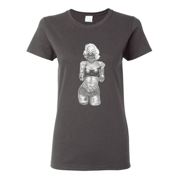 Sexy Tattooed Marilyn Monroe Pop Culture Womens Graphic T-Shirt, Charcoal, Medium