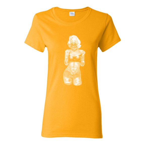 Sexy Tattooed Marilyn Monroe Pop Culture Womens Graphic T-Shirt, Gold, Medium