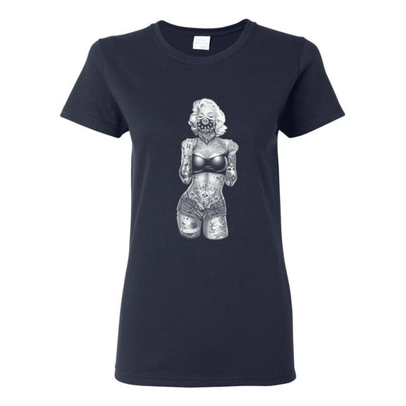 Sexy Tattooed Marilyn Monroe Pop Culture Womens Graphic T-Shirt, Navy, 3XL