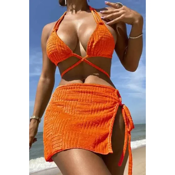 Sexy Three Piece Bikini Cover Up Set (M, Orange)