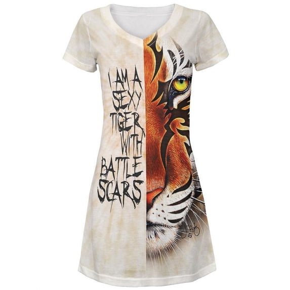 Sexy Tiger with Battle Scars Juniors V-Neck Beach Cover-Up Dress