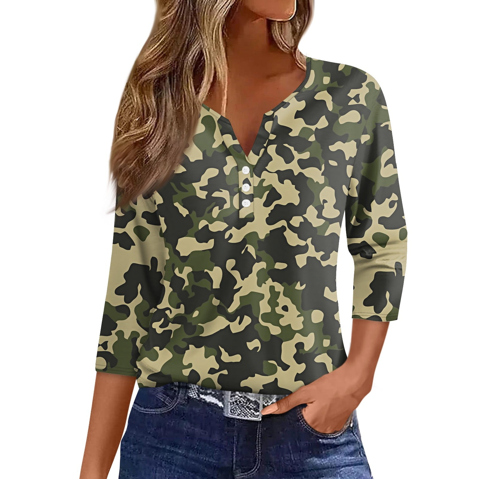 2024 Womens Fall Tops Camo Blouse 3 4 Sleeve Henley Button V Neck Tshirts Leopard Print Causal Loose T Shirts Fall Outfits for Women 2024 camouflage X Large Walmart