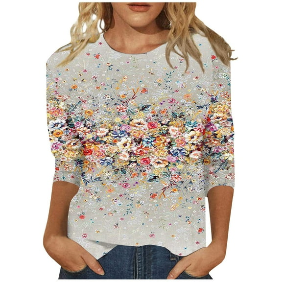 Sexy Tops for Women Fall Floral Print Blouse 3/4 Sleeve Crewneck Plus Size T-Shirts Dressy Casual Shirts Womens Fall 3/4 Length Sleeve Tops 2024 Fashion Fall Outfits for Women 2024 (Gray)