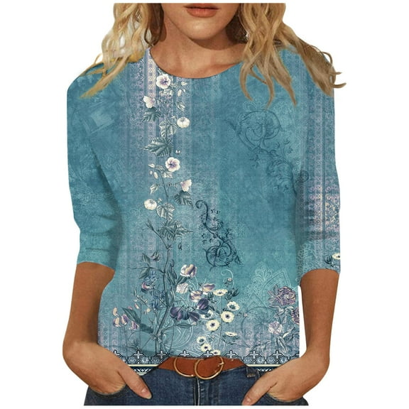 Sexy Tops for Women Fall Floral Print Blouse 3/4 Sleeve Crewneck Plus Size Tshirts Dressy Casual Tunics Women's 3/4 Length Sleeve Fall Tops Fall Fashion for Women 2024 (Cyan)