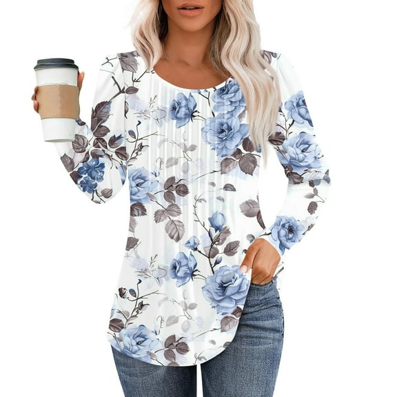 Sexy Tops for Women Fall Pleated Tshirts Puff Sleeve Scoop Neck Floral Print Shirts Dressy Casual T-Shirts Fall Clothes for Women 2024 light blue X-Large