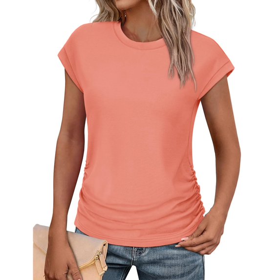 Sexy Tops For Women, Short Sleeve T Shirts Round Neck Cute Tunic Tops Basic Tees Blouses Loose Fit Pullover Sleeveless Workout Tops Women White T Shirts Long Tops Tunic Top (S, Pink) ZMTing