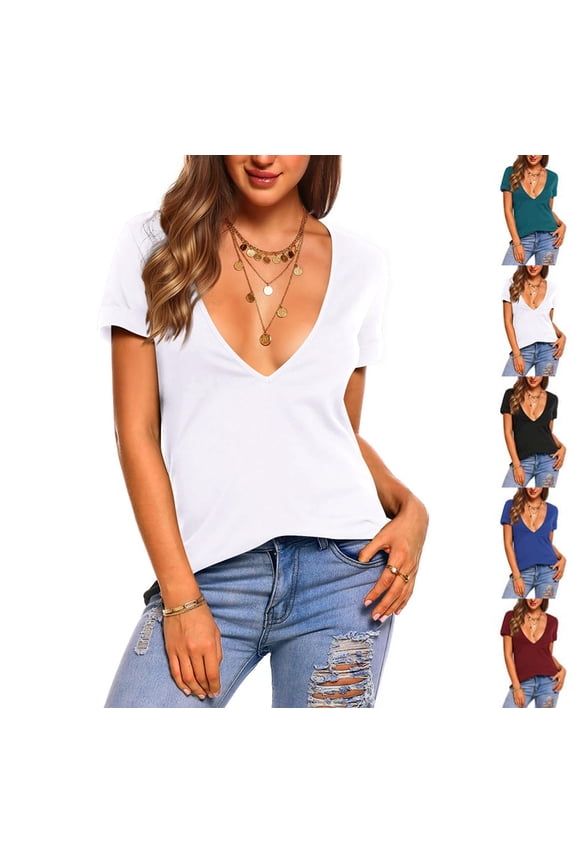 Sexy Tops for Women Deep V Neck Shirts Summer Low Cut Top Short Sleeve Tshirts Trendy Clothes Fashion Clothing White L