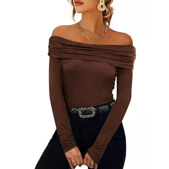 Zunfeo Sexy Tops for Women Long Sleeve One Shoulder Tops Trency Casual Bodycon Blouse for Party Going Out Brown S