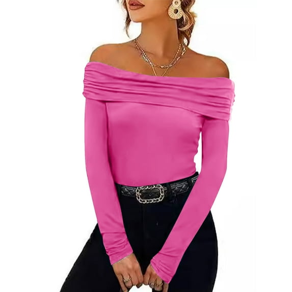 Zunfeo Sexy Tops for Women Long Sleeve One Shoulder Tops Trency Casual Bodycon Blouse for Party Going Out Pink L