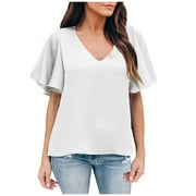 CLESALE Sexy Tops for Women Trendy Summer V-Neck Short Sleeve Solid Casual Shirt Blouse White S