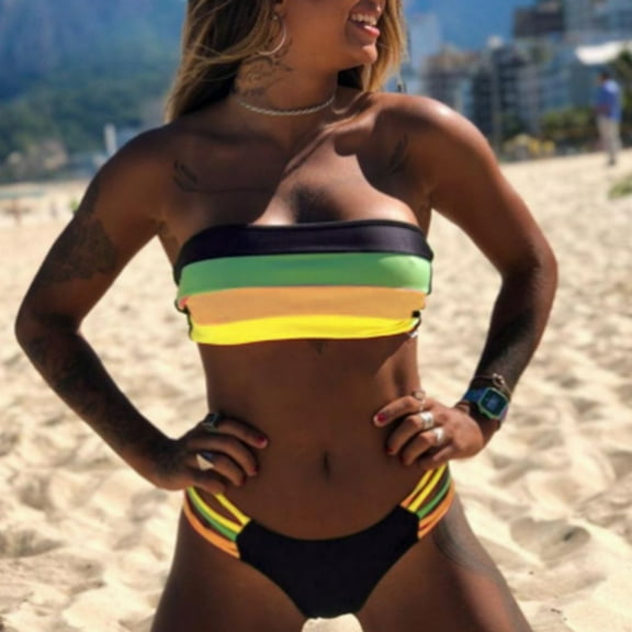 Sexy Tube Bikinis Set Women Rainbow Stripe Strapless Swimsuit Low Waist Triangle Swimwear Bikini Bathsuit