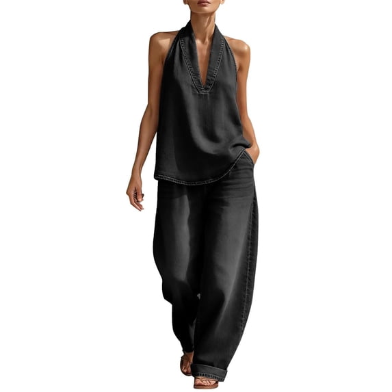 Sexy Two Piece Outfit Denim Set for Women 2 Piece Sexy Sleeveless Halter Neck Tank Top Vest Matching Jean Sets Wide Leg Pants Airport Outfits Casual Summer Trendy Vacation Clothe