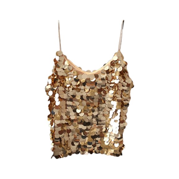 Sexy V Neck Fish Scale Sequined Tank Top Shiny Spaghetti Strap Vest For Women