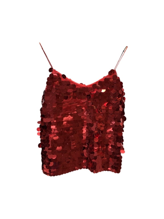 Sexy V Neck Fish Scale Sequined Tank Top Shiny Spaghetti Strap Vest For Women