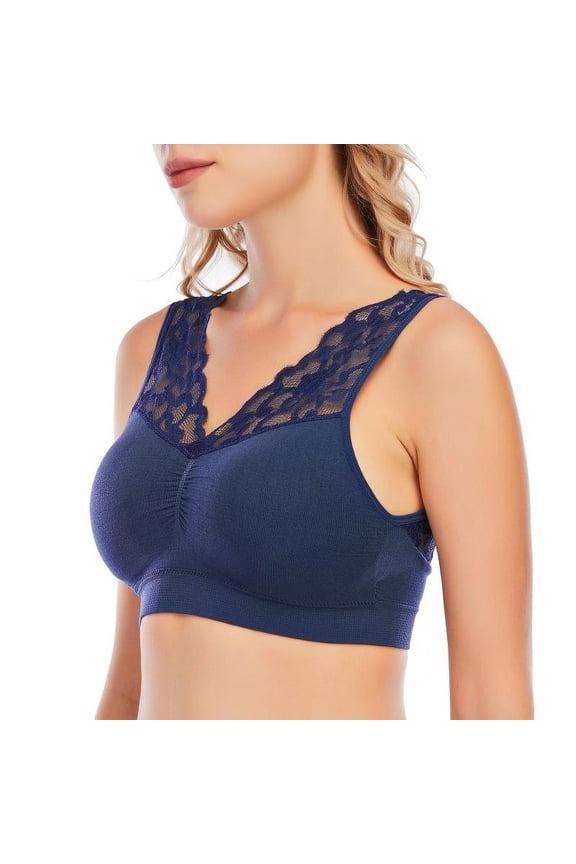 Sexy V Neck Lace Bras For Women, Brassiere Push Up Padded Bra Seamless Comfort Bralette, Breathable Fitness Gym Bra Large Size, Navy Blue, 2XL