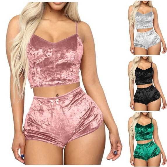 cute Velvet 2 Piece Pajamas for Women Outfits Slim Cropped Solid Color Deep V Neck Tank Top Sleepwear Camisole Shorts Beach Fitted Lounge Wear