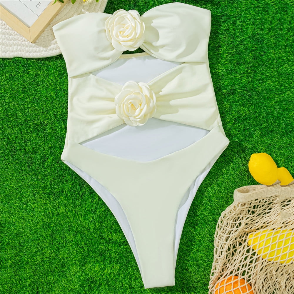 Sexy White 3D Flower Bandeau Swimwear One Piece Swimsuits Woman 2024 Cut Out Strapless Swimming