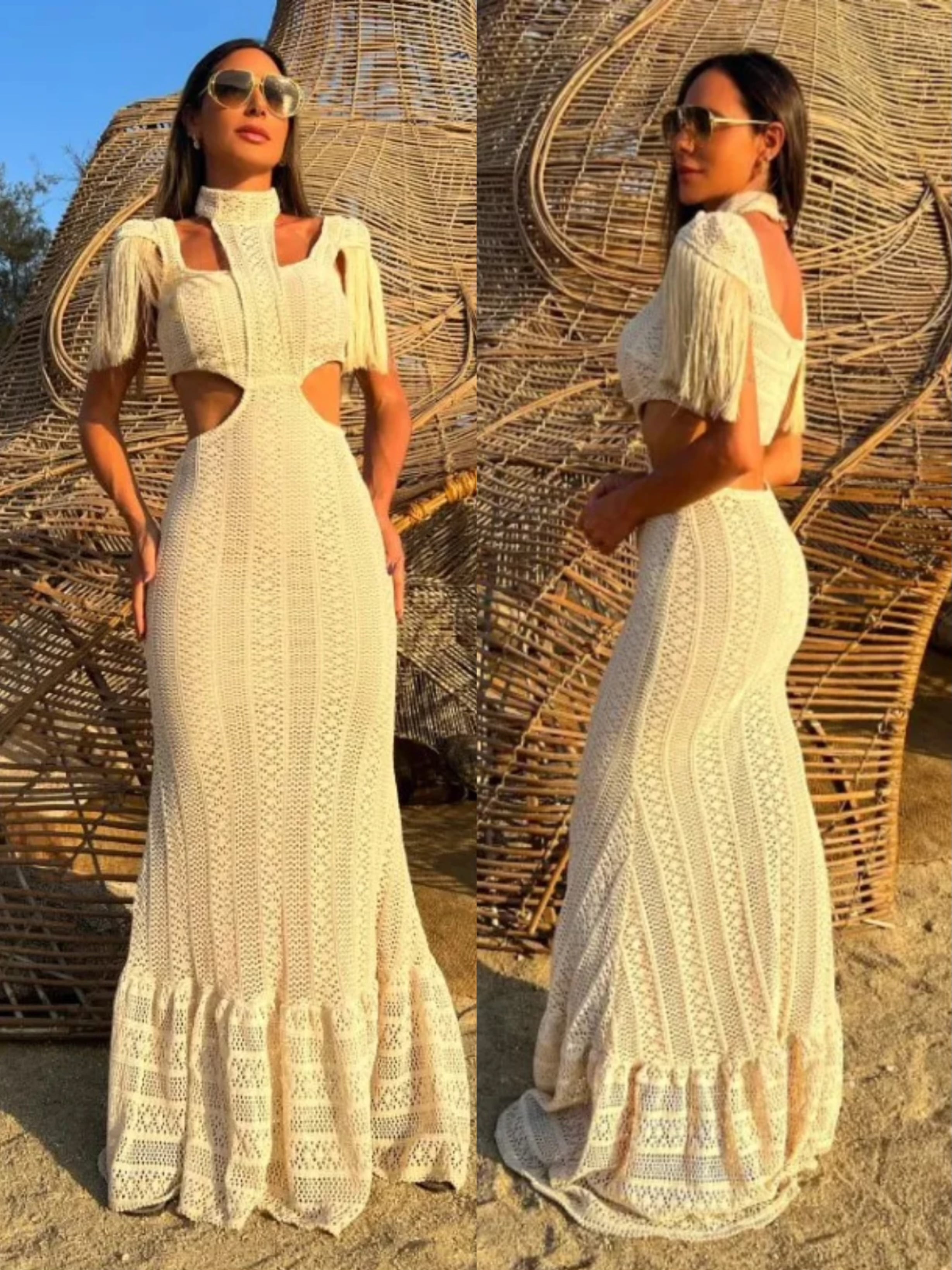 Sexy White Lace Women Dress Turtleneck Tassel Sleeve Slim Naked Waist  Hollow Out Long Dress Summer Beach Female Knit Robe - Walmart.com
