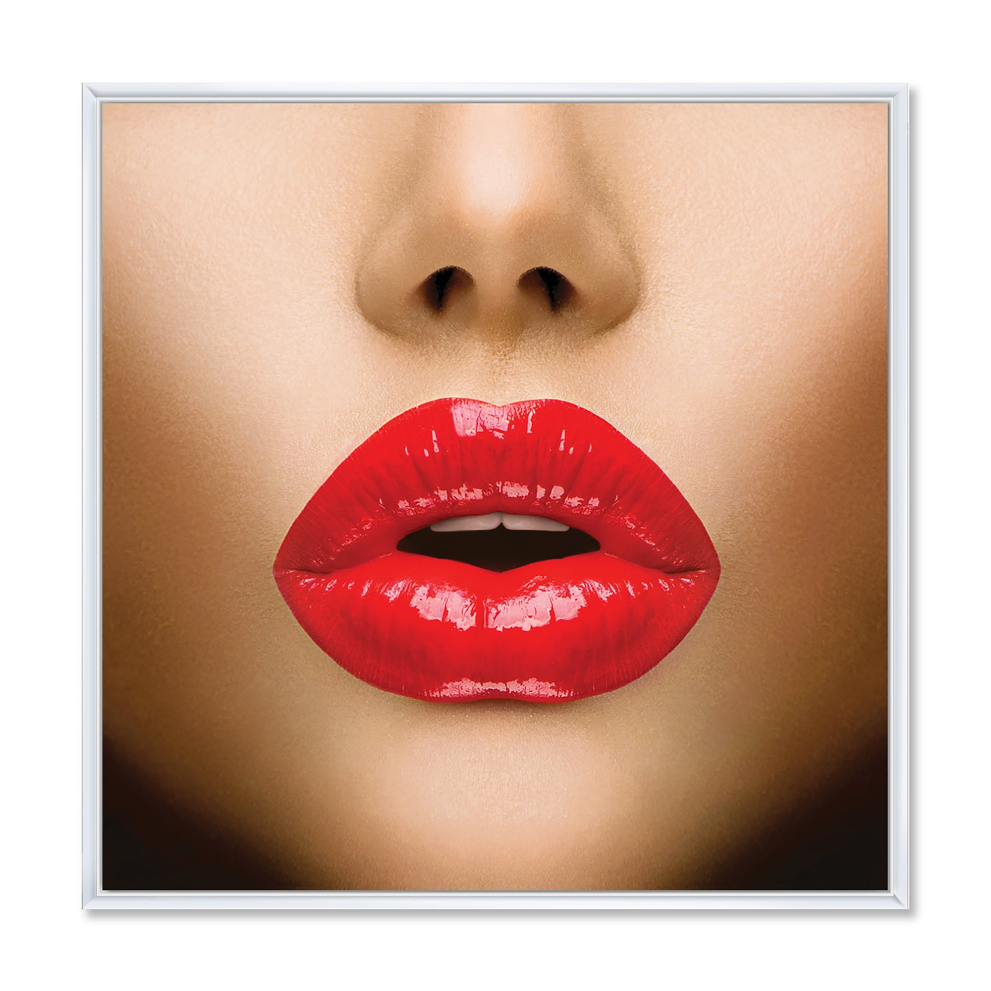 Sexy Woman Lips Beautiful Make-Up Close-Up Kiss 36 in x 36 in Framed Photography Canvas Art Print, by Designart