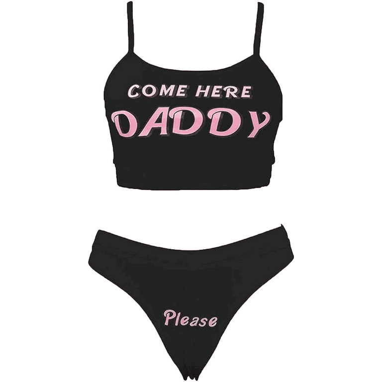  IWEMEK Women's 2Pcs Come Here Daddy Please Strappy Lingerie Set  Yes Daddy Bra Cheeky Thongs Naughty Underwear Slutty Underwear Tank Tops  and Panty Pajamas Sleepwear Anime Cosplay Outfits Black Small 
