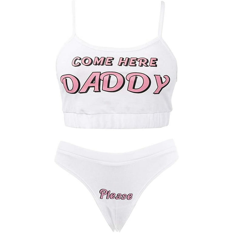 Sexy Women Come Here Daddy Please Strappy Lingerie Set 2PCS Slutty