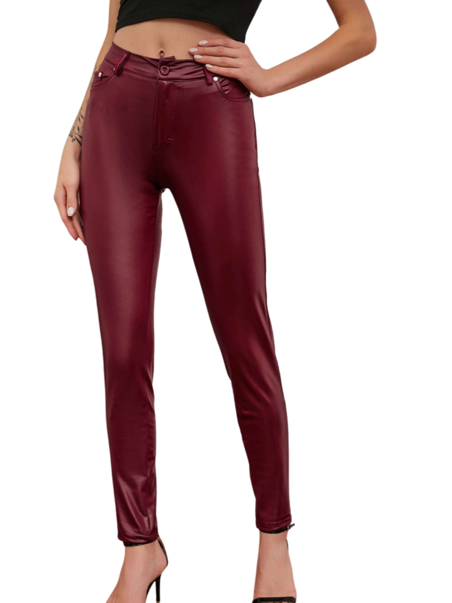 Sexy Women Faux Leather High Waisted Pencil Pants Leggings Stretchy Slim  Close-fitting Trousers with Pockets 