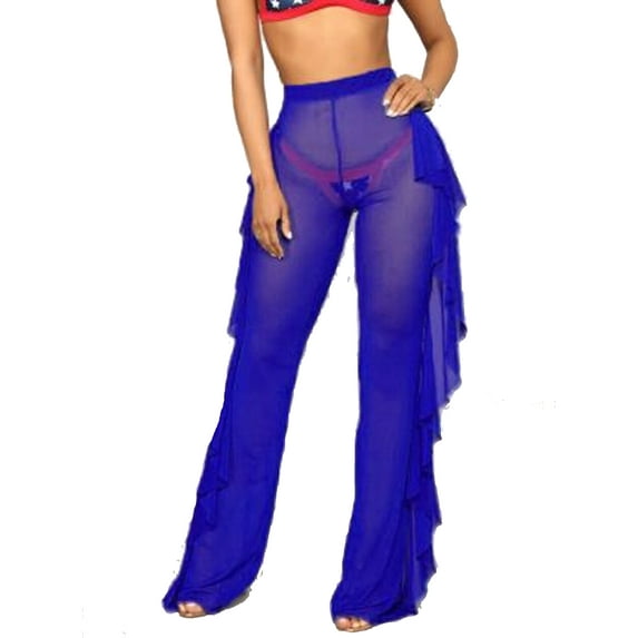Sexy Women Fishnet Beachwear Pants Mesh Sheer Ruffle Trousers Bikini Cover Up