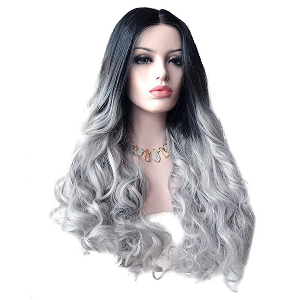 Sexy Women Long Hair Black Gradient Big Wave Long Curly Wigs Rose Net