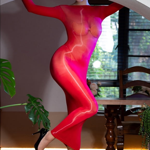 Sexy Women Oil Glossy Shiny Mini Halter Bodycon Tights Sheer Elastic Long Dress