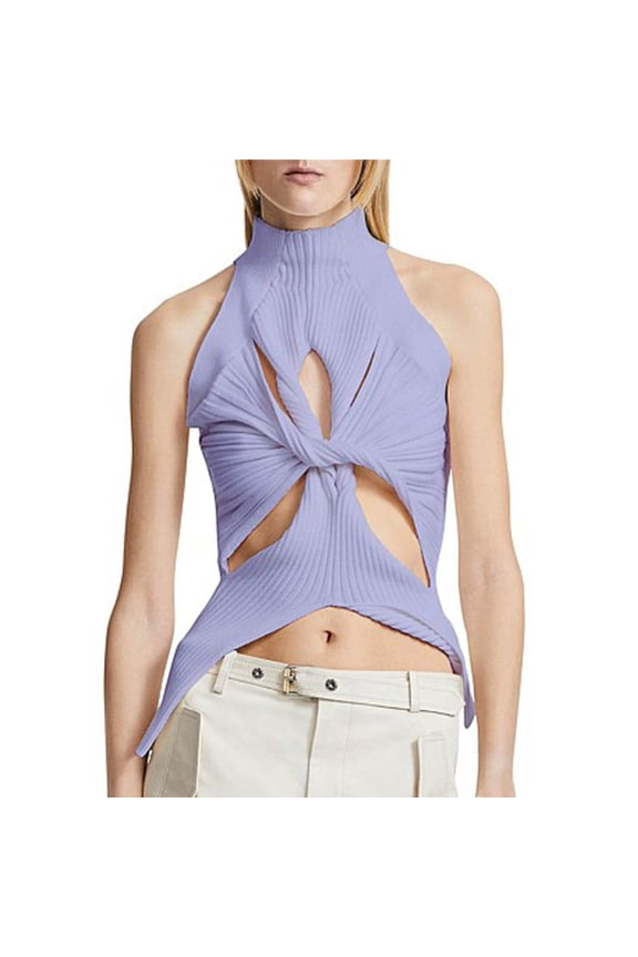 Sexy Women Twist Knot Hollow Out Tank Top High Turtleneck Sleeveless Cut Out Slim Fit Solid Knit Sweater Vest Tops