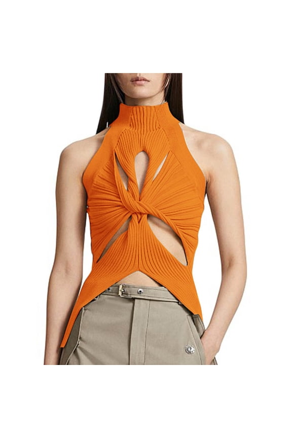 Sexy Women Twist Knot Hollow Out Tank Top High Turtleneck Sleeveless Cut Out Slim Fit Solid Knit Sweater Vest Tops