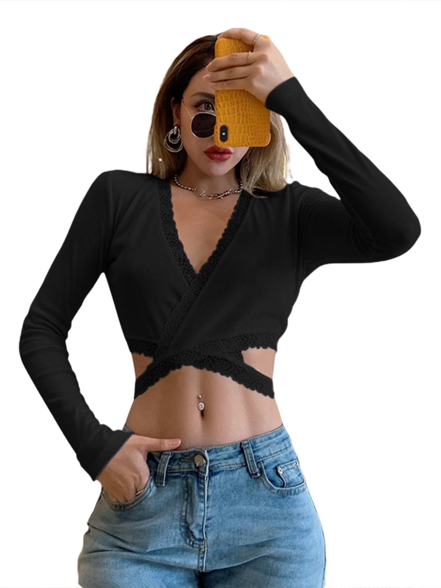 Sunisery Women's Sexy Crop Top Button Down V Neck Strappy Tops Short Sleeve  Summer Tee Shirt