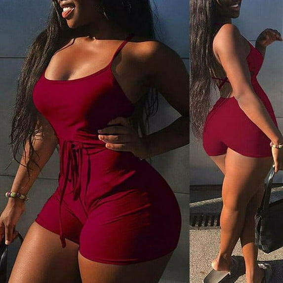 Sexy Women's Casual Sleeveless Bodycon Romper Jumpsuit Club Bodysuit Short Pants Wine Red Size M