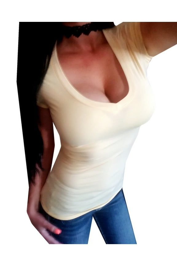 Sexy Women's Low-Cut Basic Deep V Neck Short Sleeve Solid Fitted Tee Shirt Top
