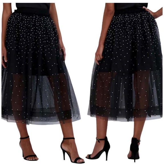 Sexy Women's See Through Mesh Club Dress Sparkling Rhinestone Midi Dress Plaid Skirt for Girls Womens Long Skirts Side Slit Skirt Too Too Skirt for Girls Skirts for Women Long Length 50s Poodle Skirt