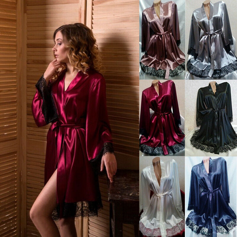 Women's Long Satin Nightgowns Robes Plus Size Lace Stitching Sleepwear  Loose Comfy Sexy Lingerie Imitation Pajamas Ice Silk Nightdress for  Weddings