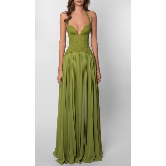 Sexy halter-neck, backless, low-cut, fitted waist, pleated spaghetti strap dress for women
