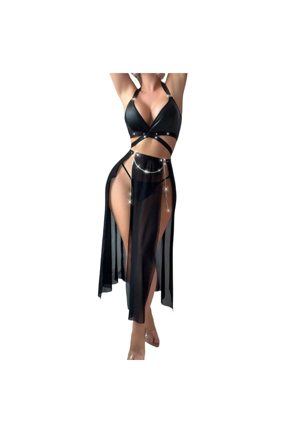 Sexy lingerie for Women,Mesh Sheer Long Dress and Thong 2Piece Set PU Leather Halter Bra Sheer Nightwear for Roleplay