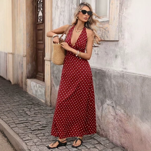 Sexy retro vacation style halter neck dress, slim-fit deep V-neck polka dot slip dress